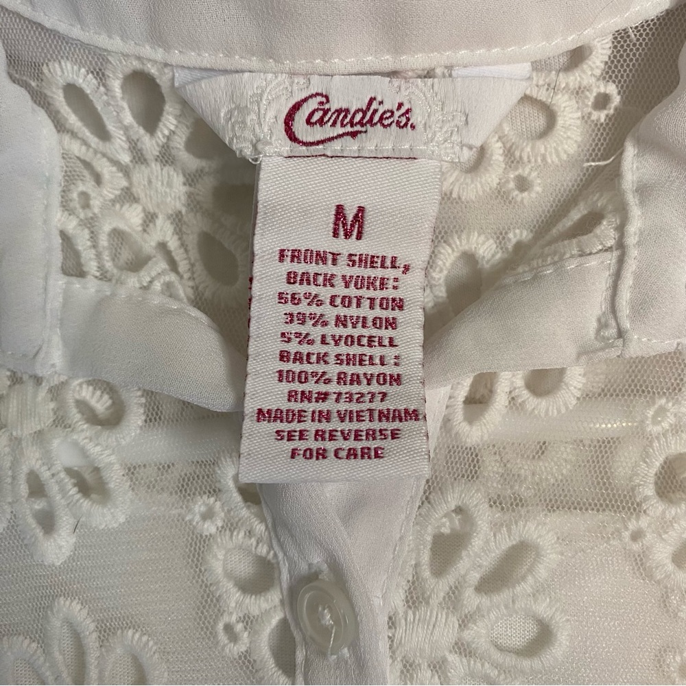 Candie's Sheer Lace Embellished Button Down Blouse - Picture 3 of 5